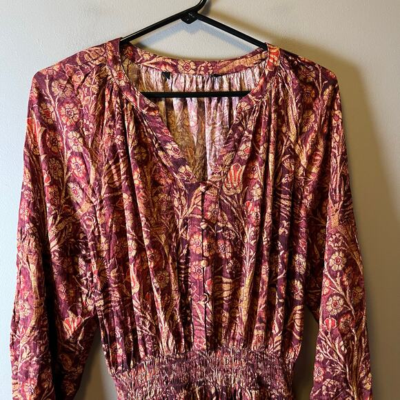 Peruvian Connection Adria Dress Burgundy Gold Floral V Neck Raglan Sleeve Small‎ - Picture 2 of 5